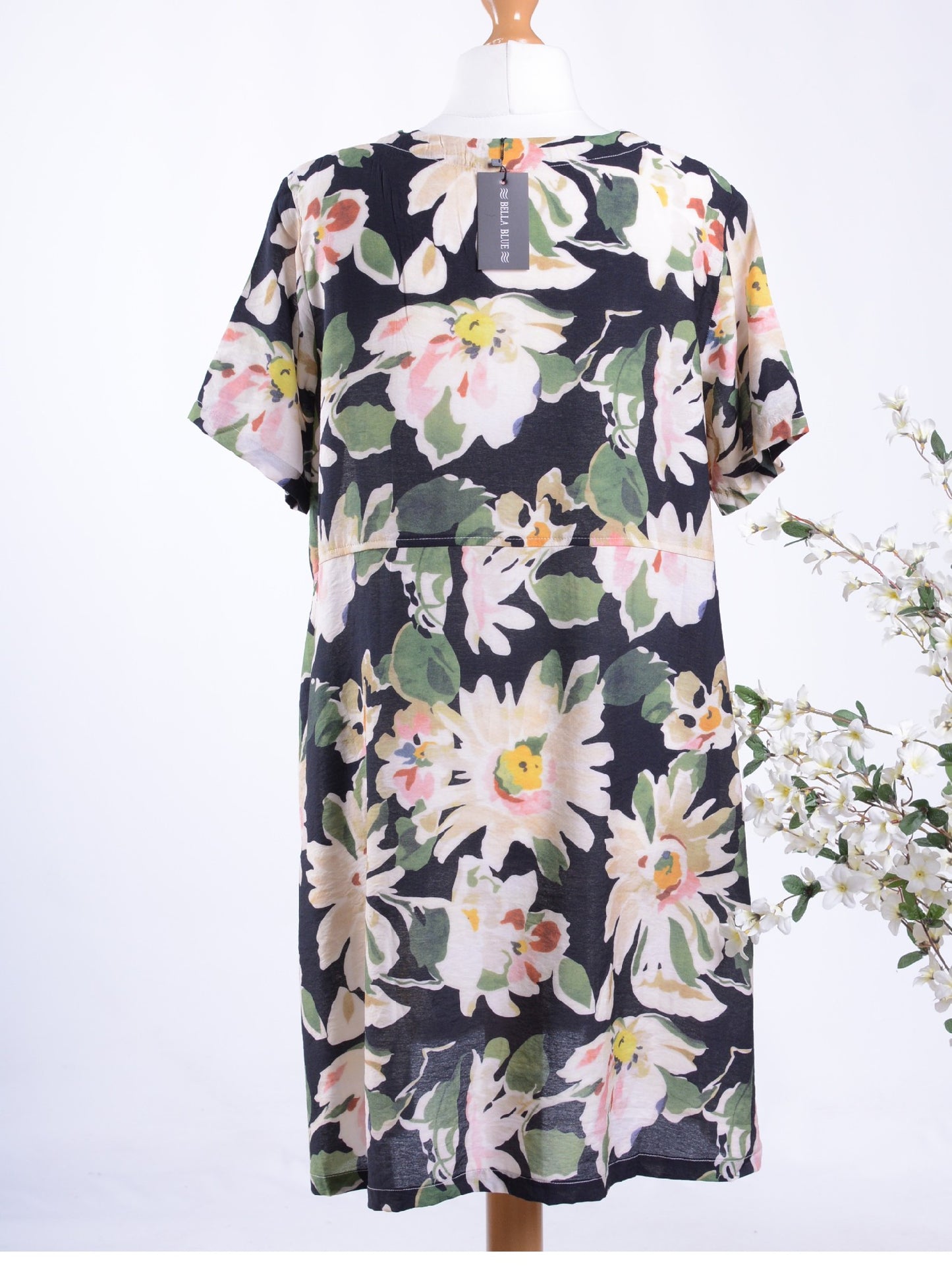Bella Blue Lagenlook Black Floral Dress L/XL - B283