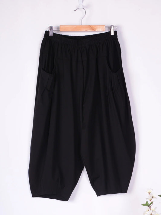 Bella Blue Barrel Black Crop Trousers Lagenlook, Wide Leg, S/M  - B149