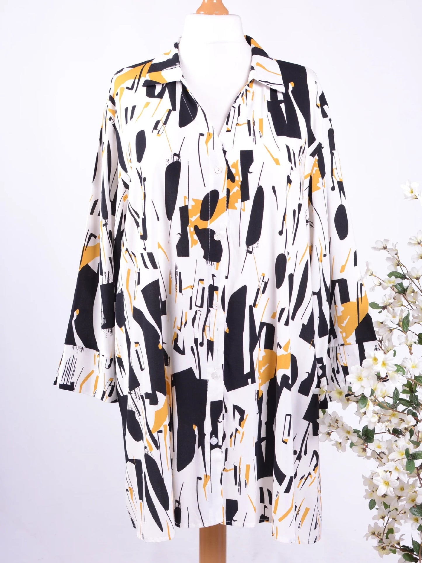 Bella Blue Lagenlook Shirt Dress White Patterned L/XL - B189