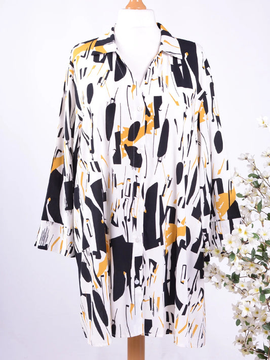 Bella Blue Lagenlook Shirt Dress White Patterned L/XL - B189