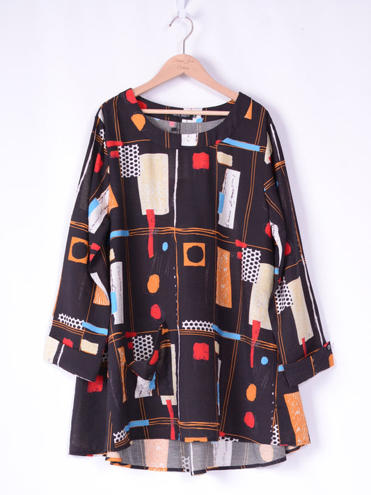 Bella Blue Lagenlook Black Colourful A Line Top Tunic S/M - B201
