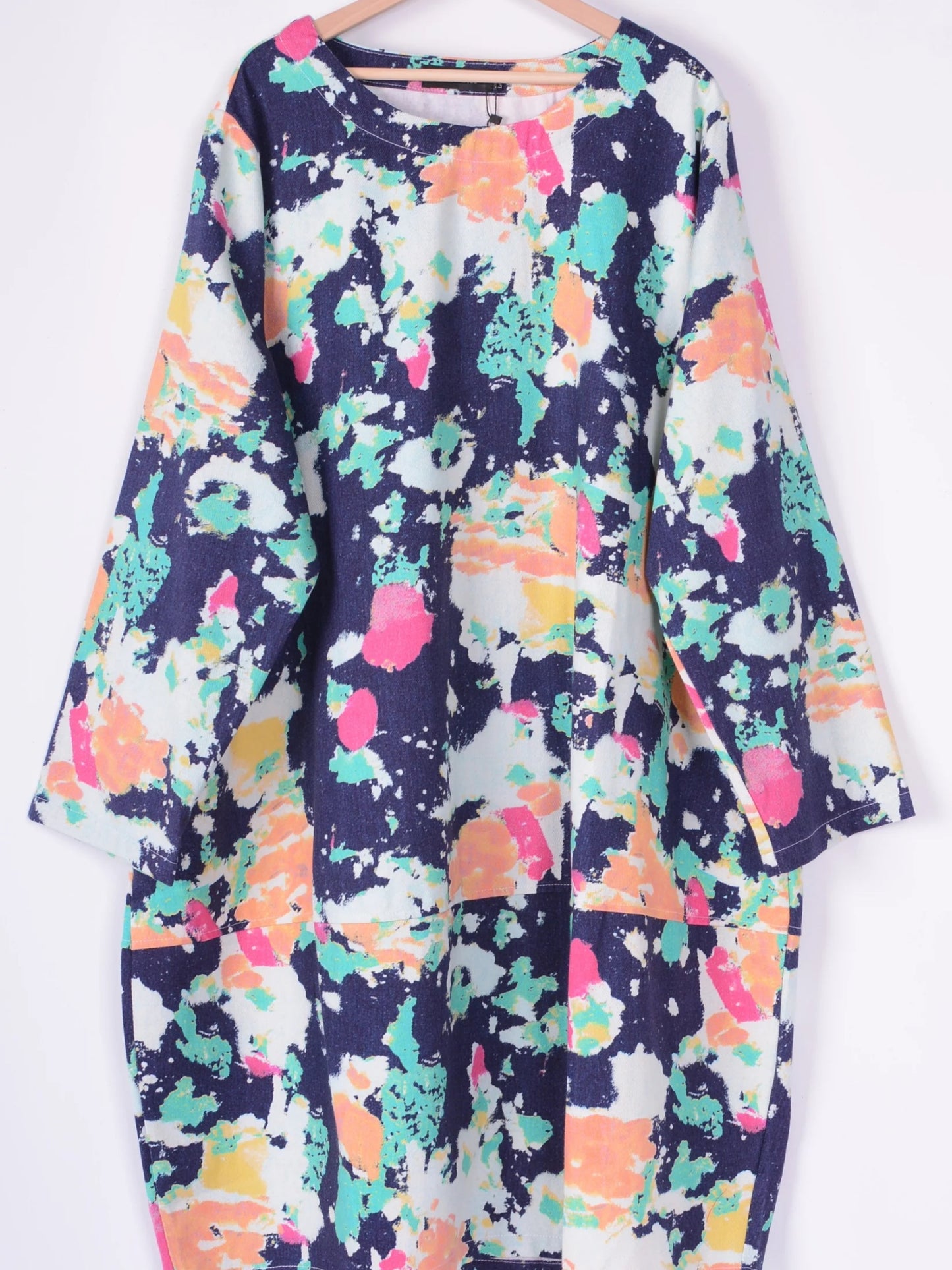Bella Blue Lagenlook Dress Denim Balloon Patterned with Pockets L/XL - B216