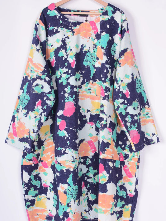 Bella Blue Lagenlook Dress Denim Balloon Patterned with Pockets L/XL - B216