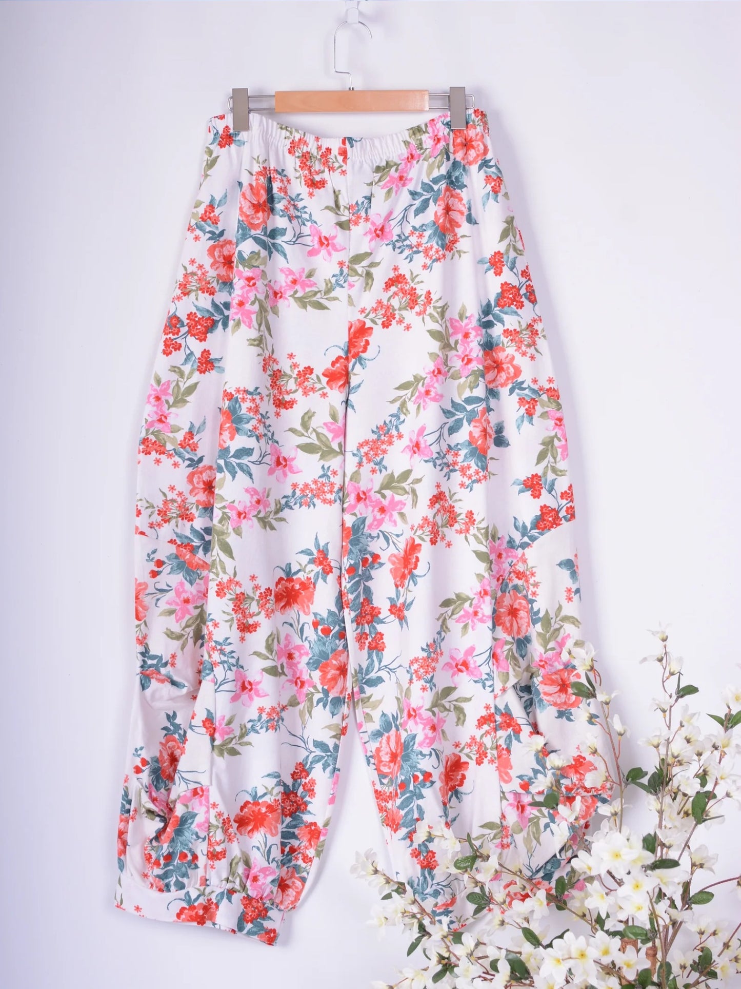 AKH Germany Lagenlook Wide Leg Barrel Trousers Linen Floral - B235