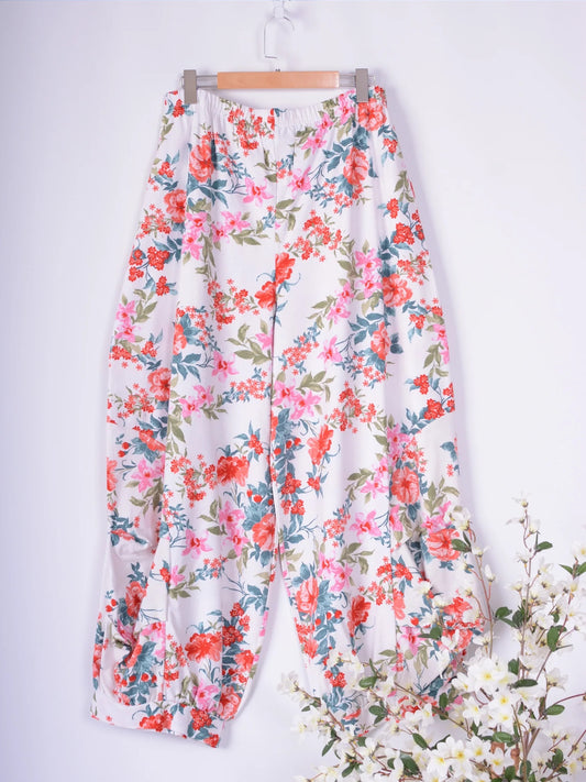 AKH Germany Lagenlook Wide Leg Barrel Trousers Linen Floral - B235