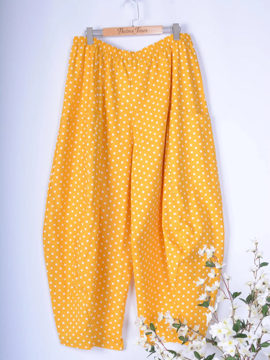 AKH Germany Lagenlook Wide Leg Barrel Trousers Yellow Polka Dot - B243