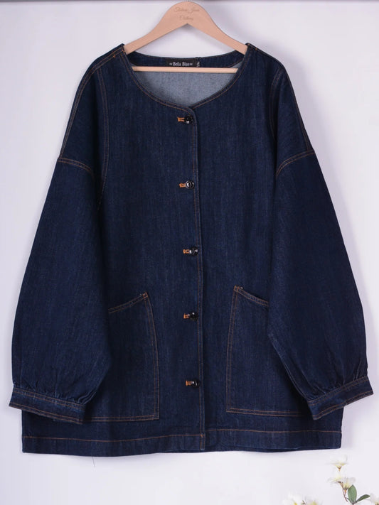 Bella Blue Dark Denim Lagenlook Casual Jacket Pockets L/XL - B250