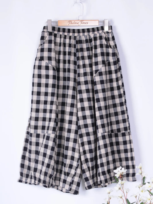 Bella Blue Lagenlook Black Cream Check Barrel Pants/Trousers L/XL - B253