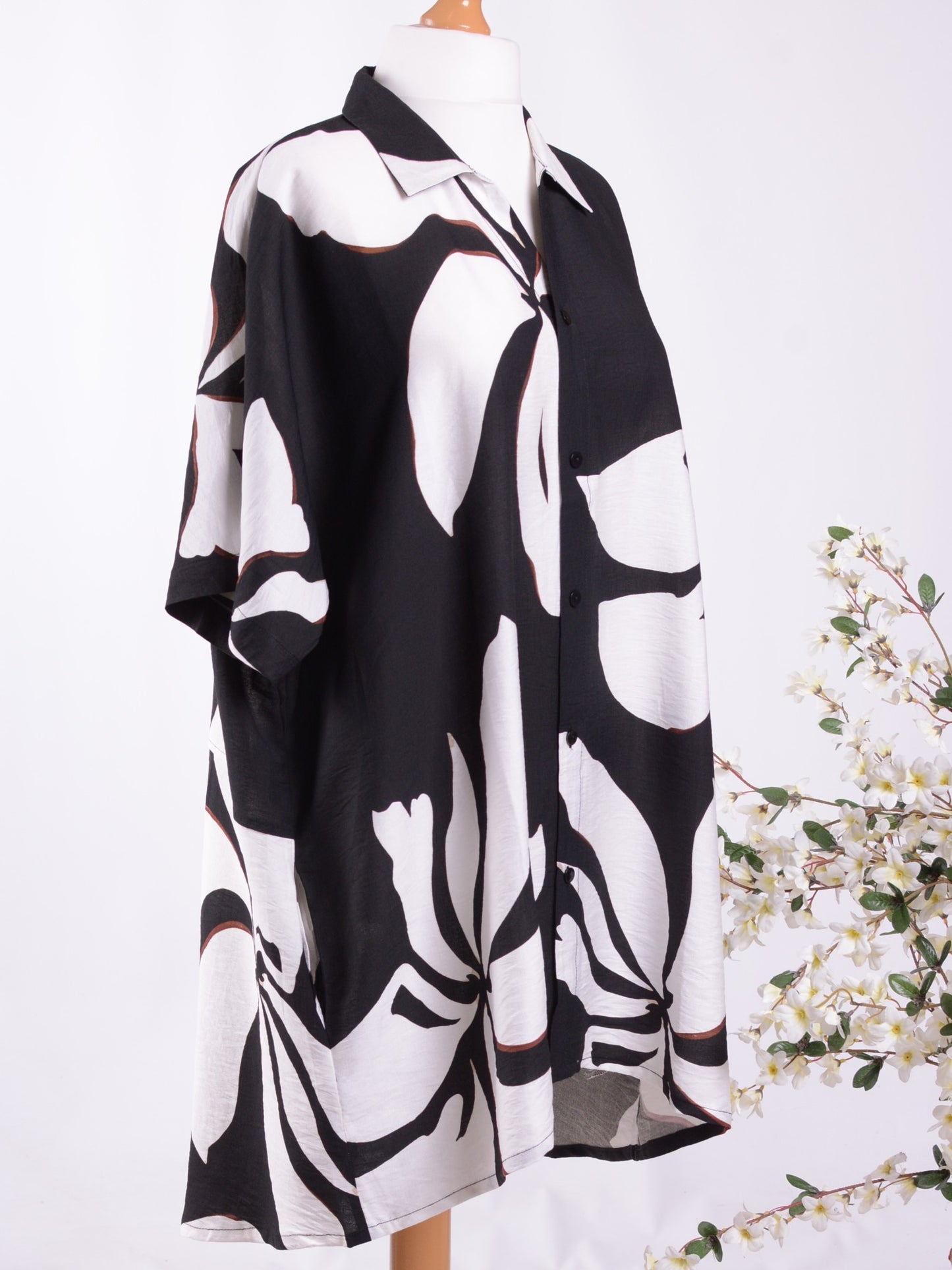 BELLA BLUE Black White Patterned Shirt Dress S/M B317