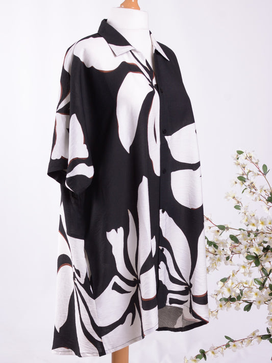 BELLA BLUE Black White Patterned Shirt Dress S/M B317