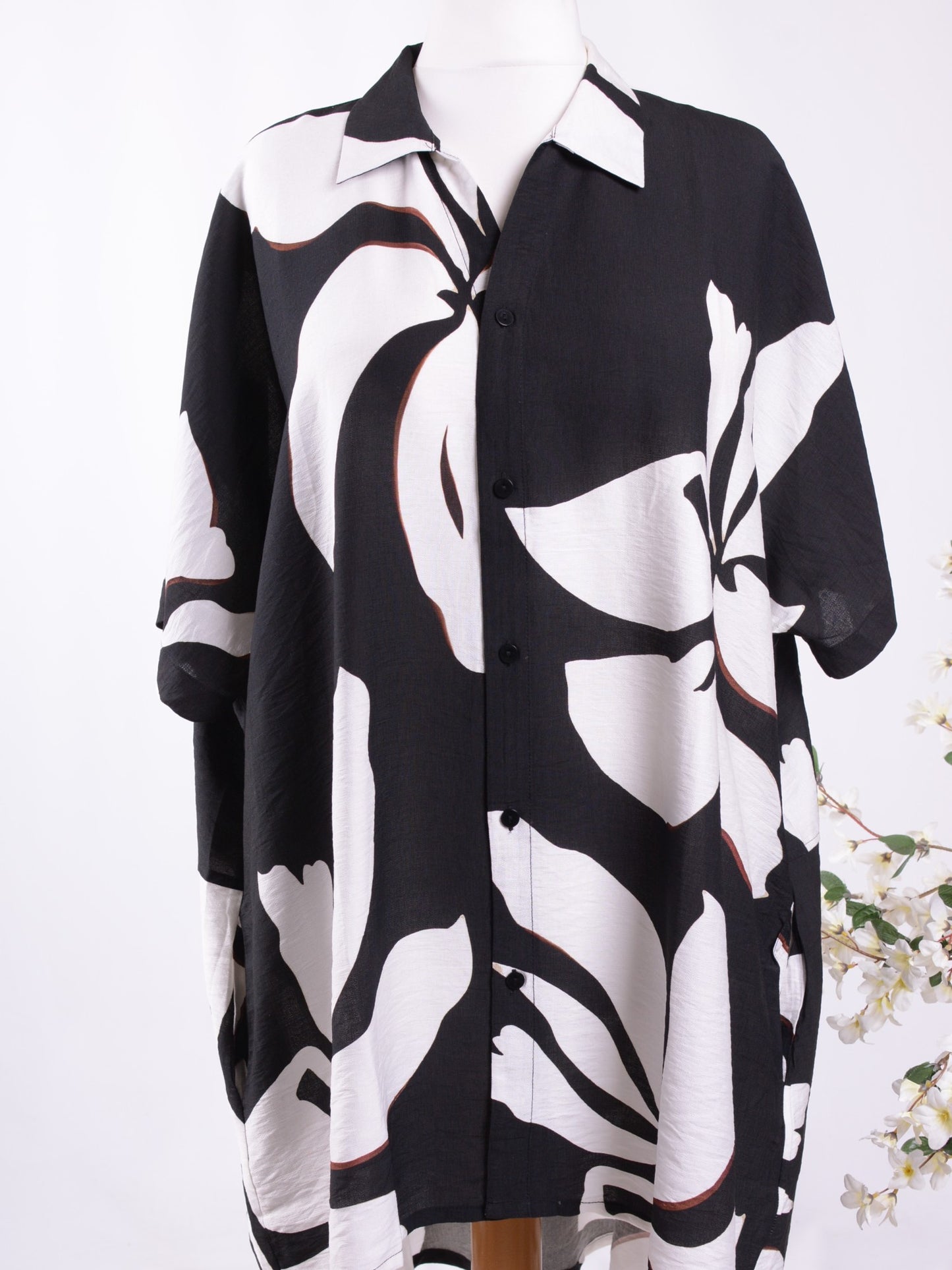 BELLA BLUE Black White Patterned Shirt Dress S/M B317