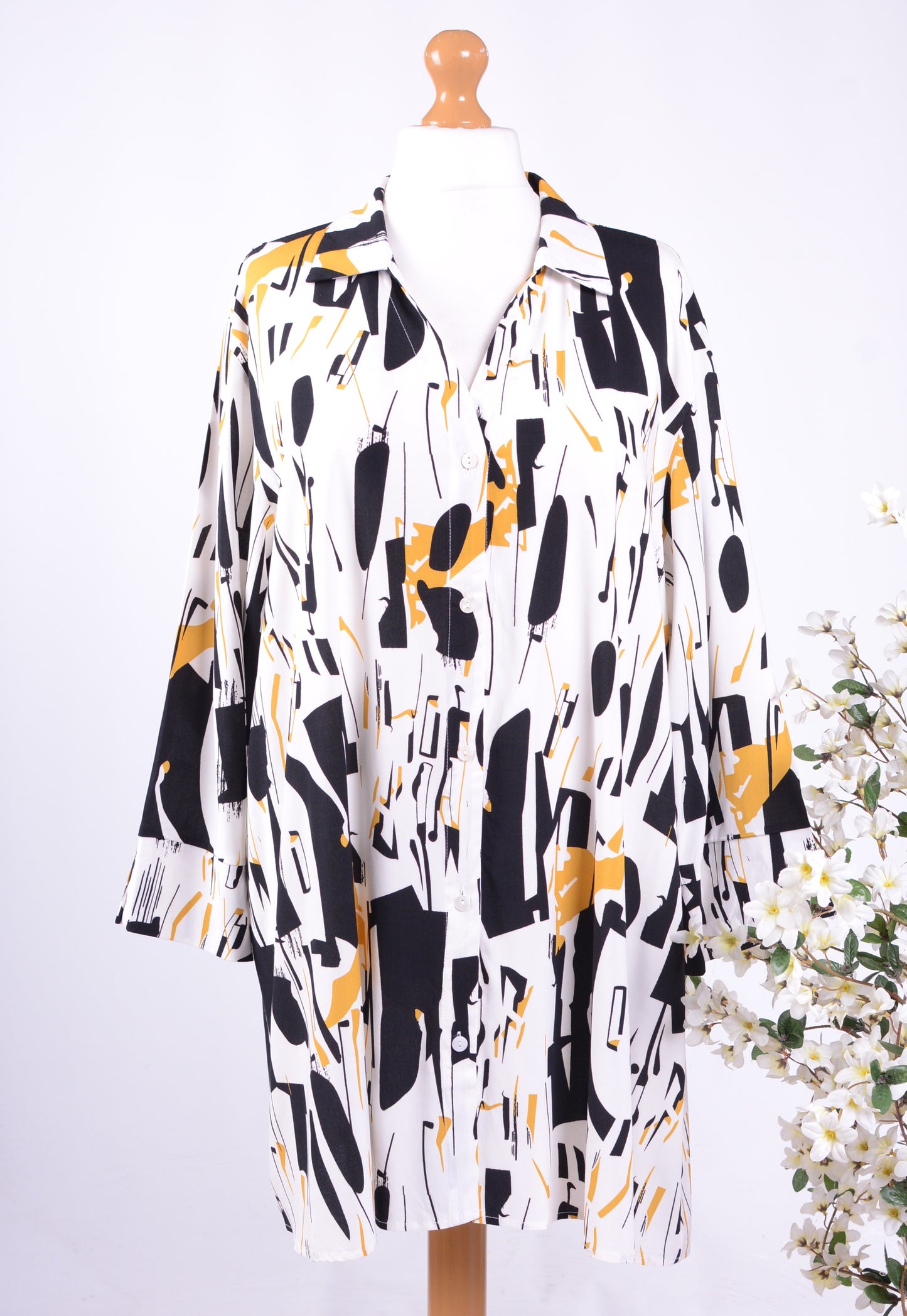 Bella Blue Lagenlook Shirt Dress White Patterned L/XL - B189