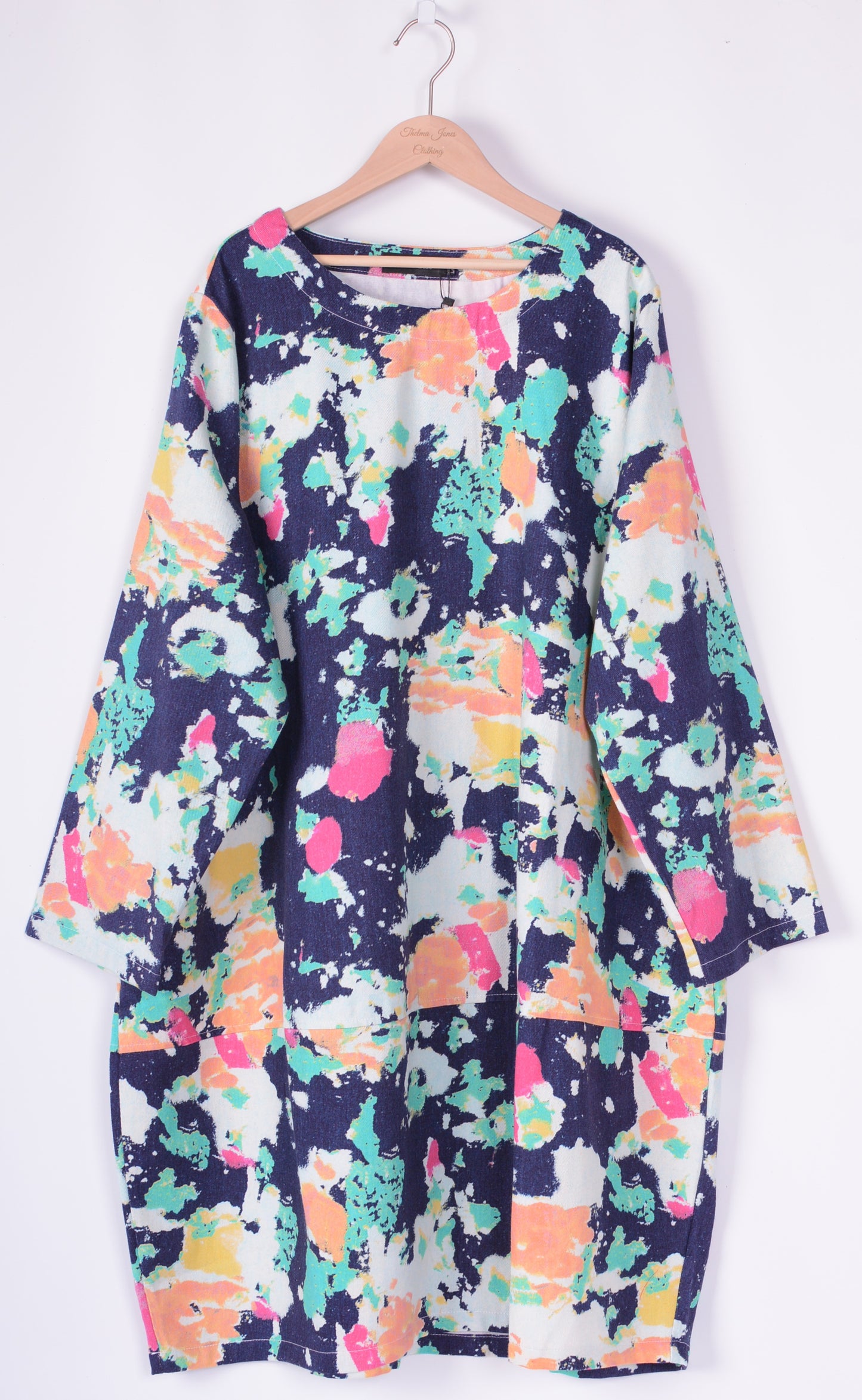 Bella Blue Lagenlook Dress Denim Balloon Patterned with Pockets L/XL - B216