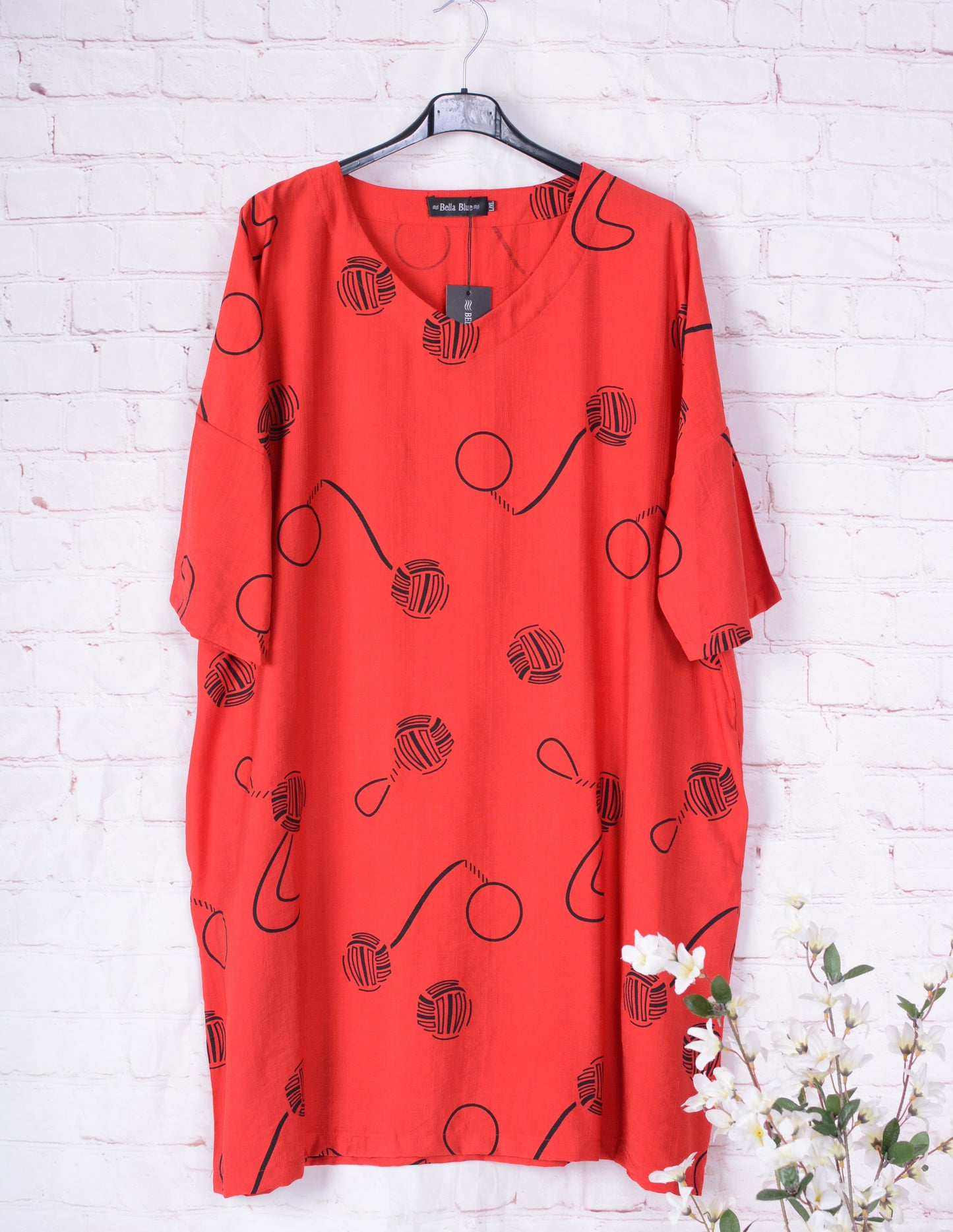 Bella Blue Lagenlook V Neck Dress Patterned Red/Black L/XL - B213