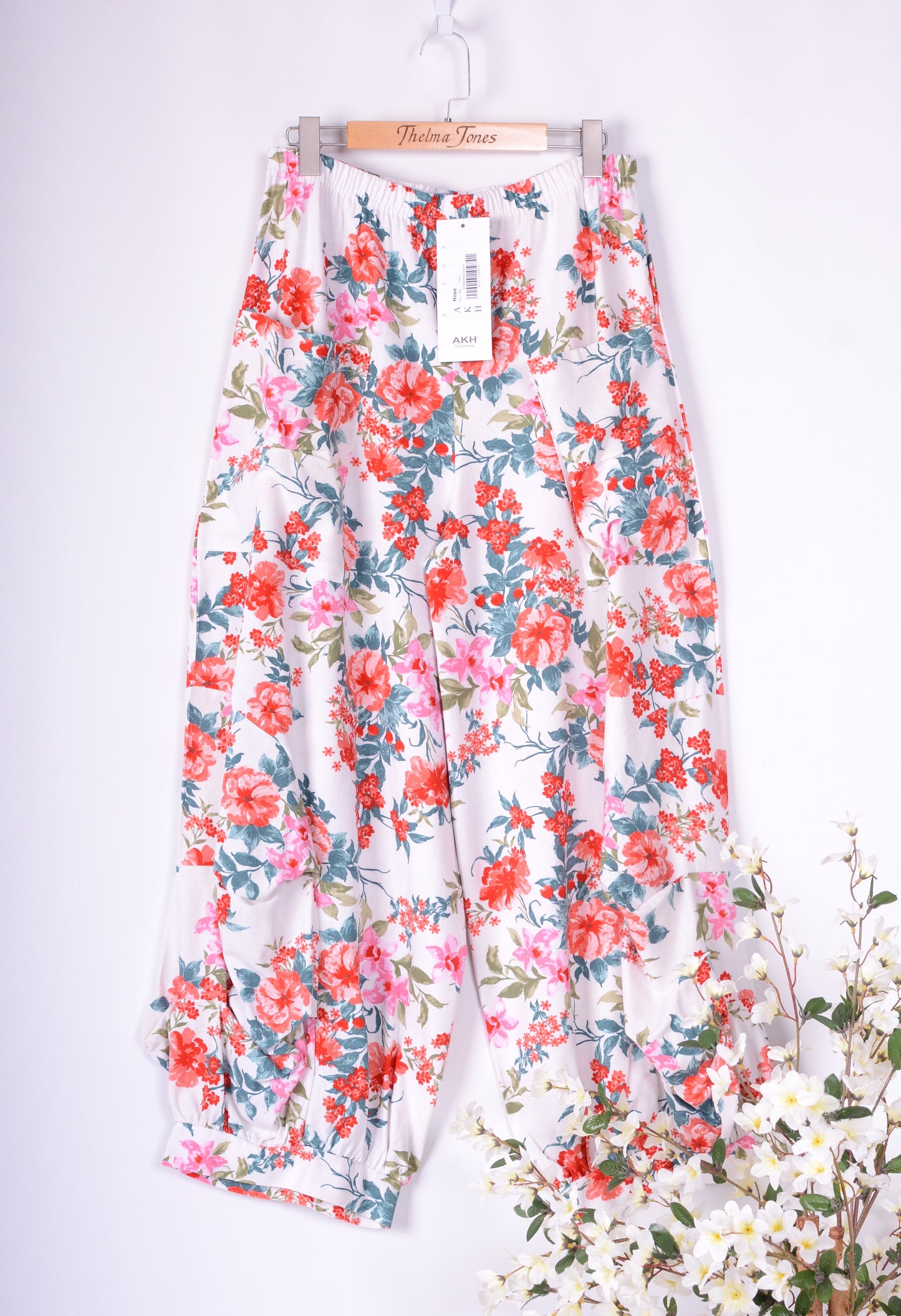 AKH Germany Lagenlook Wide Leg Barrel Trousers Linen Floral - B235