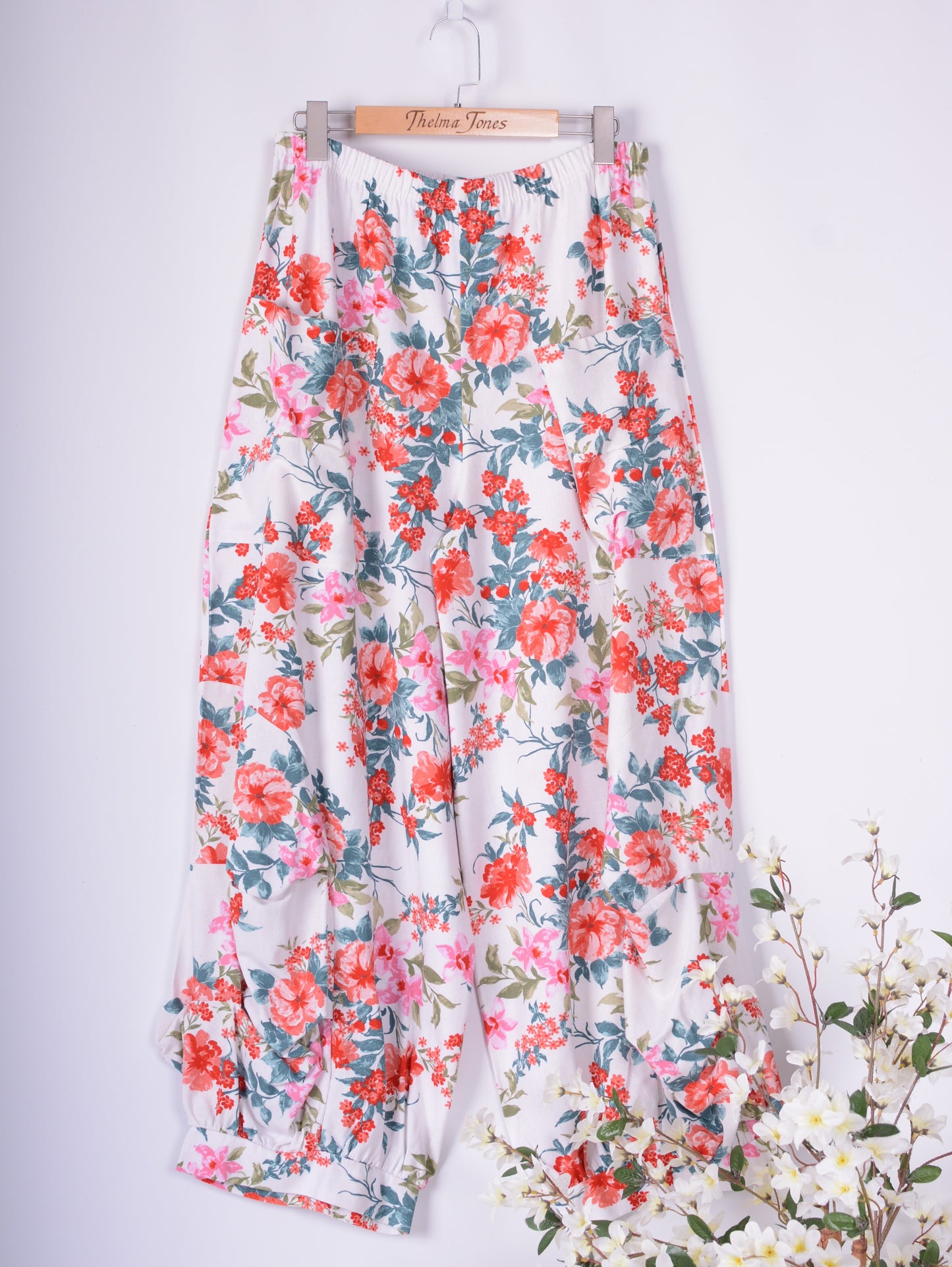 AKH Germany Lagenlook Wide Leg Barrel Trousers Linen Floral - B235