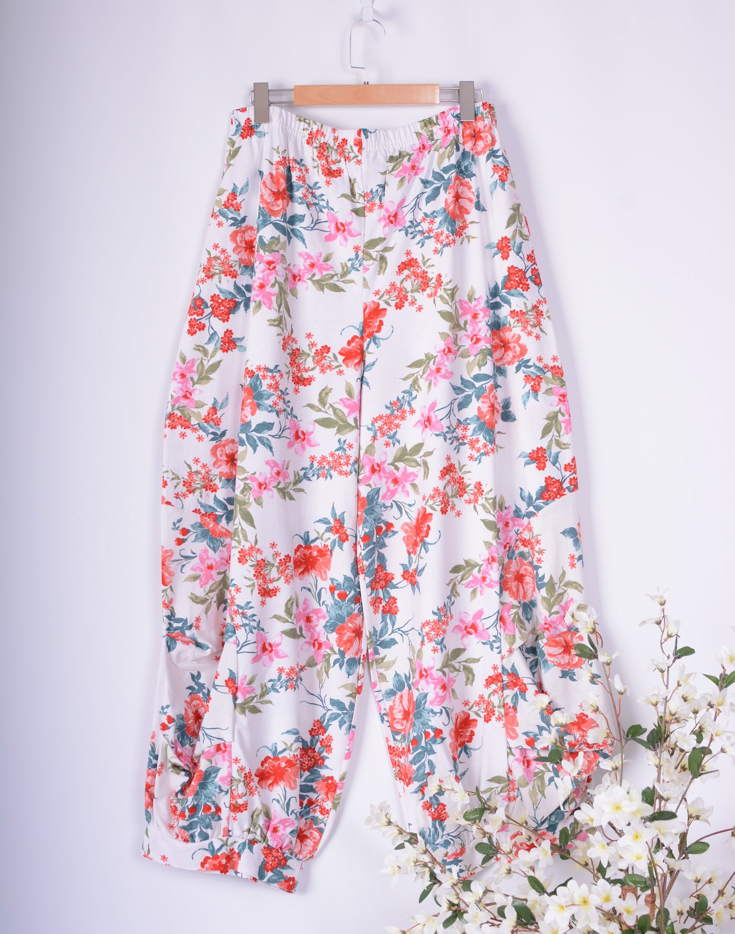AKH Germany Lagenlook Wide Leg Barrel Trousers Linen Floral - B235