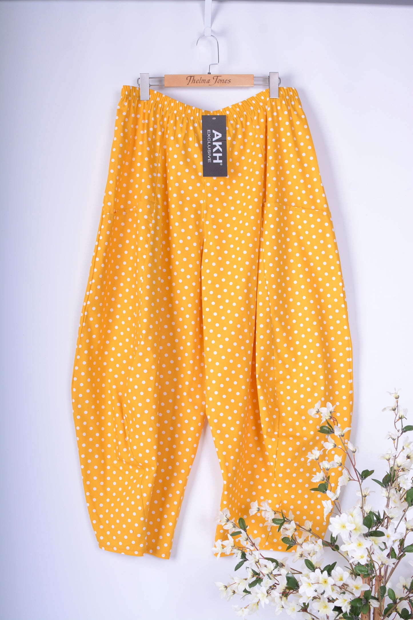 AKH Germany Lagenlook Wide Leg Barrel Trousers Yellow Polka Dot - B243