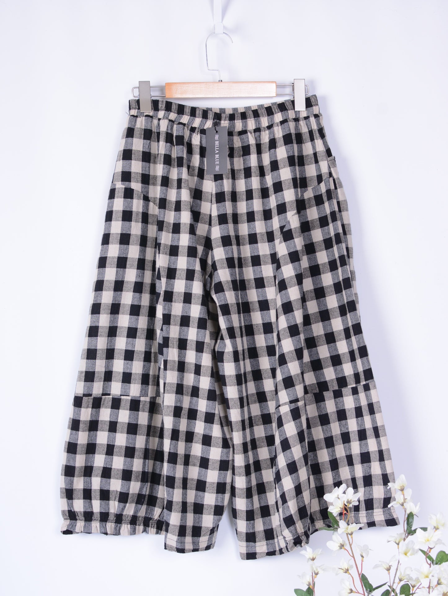 Bella Blue Lagenlook Black Cream Check Barrel Pants/Trousers L/XL - B253