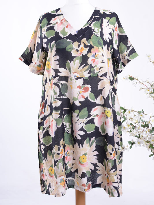 Bella Blue Lagenlook Black Floral Dress L/XL - B283