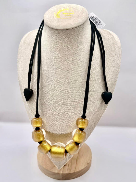 Zsiska Gold Shimmer Resin Beaded Necklace Lagenlook Statement Arty